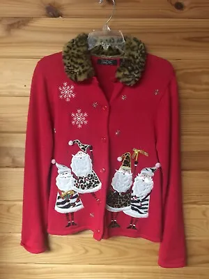 Vintage Christmas Sweater Red Santa Crystal-Kobe Medium Leopard Zebra Collar • $11.88