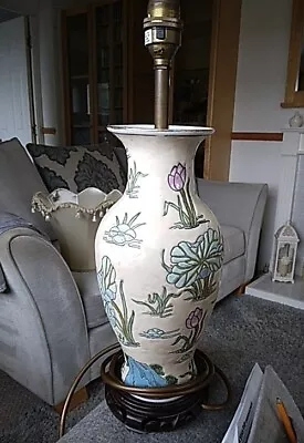 Japanese Table Lamp Light. Blue Lilies & Birds. Cream Oriental Ceramic. 16  • £69.99