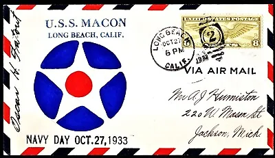 USS MACON ZRS5 Zep Flight Cover Long Beach CA Oct 27 1933 Fatout Hand Painted • $19.95