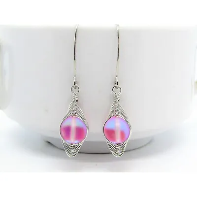 Pink  Mermaid Glass  Sea Glass Artisan Silver Earrings Handmade Ladies Fashion • $11.99
