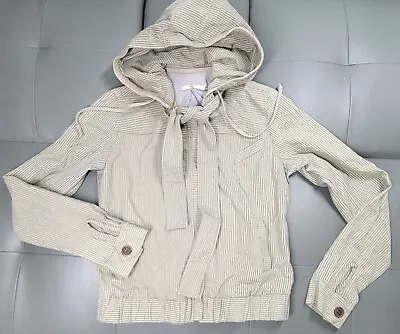 Mike & Chris Sz Medium Tan Grey Pinstripe Jacket Hood Coat Chambray Full Zip Tie • $44.95