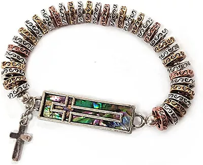 Abalone Cross And Multi Metal Ring Beaded Stretch Bracelet For Women • $23.95