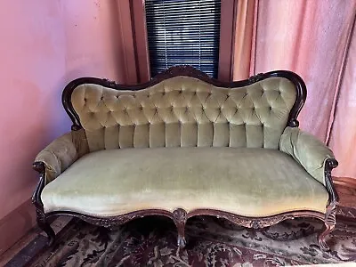 Antique Walnut And Light Green Velvet Victorian Button Tufted Curved Sofa • $895