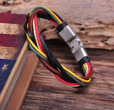 G125 Metal Clasp Braided Hemp Leather Wristband Bracelet Cuff Cool Multi-color • £3.59