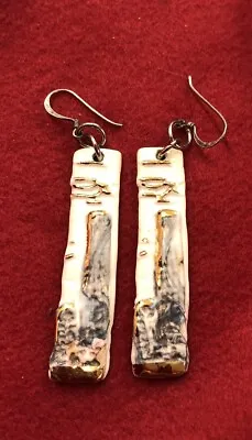 Vintage Maralyn Reed Wood Earrings City Scape Porcelain 22ct Gold • £12