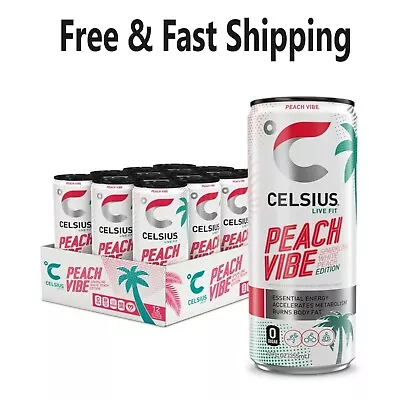 CELSIUS Sparkling Peach Vibe Functional Essential Energy Drink 12 Fl Oz 12 Pack • $19.88