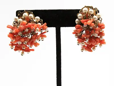 Vintage 30's Early Miriam Haskell Faux Pearl Coral Branch Cha Cha Earrings • $69