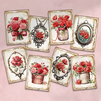 Vintage Floral Red Roses Shabby Chic Cards Tags Journal Card Making Supplies • £2.80