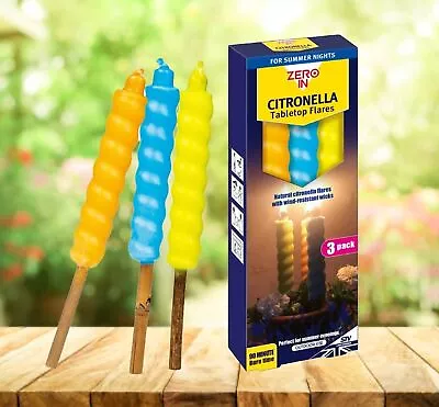 3 Citronella Candle Flares Garden Table Top Candles Natural Oil Outdoor Dining • £7.95