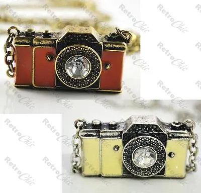 BIG Crystal VINTAGE CAMERA Pendant NECKLACE Antique Brass/silver LONG CHAIN • £3.50