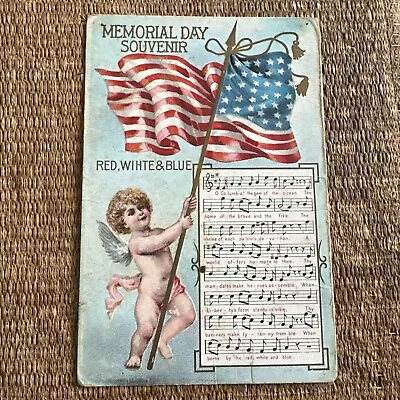 1909  MEMORIAL DAY SOUVENIR  Embossed Postcard Naked Baby Angel W/ U.S. Flag • $5