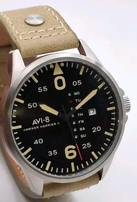 Avi-8 4003 Hawker Harrier II 44mm Mens Aviator Black Dial Day Date Leather Watch • £74.95