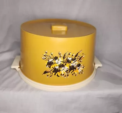 Vintage Plastic Cake Cover Carrier Harvest Yellow Locking Lid With Floral Design • $25