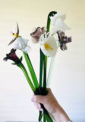 7 Pc Long Stem Glass Flower Bouquet Murano Style Art Lot 16” Hand-Blown • $95