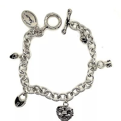 Authentic Ed Hardy Lock-Key-Tiger Head Charm Stainless Steel Bracelet 9” • $49