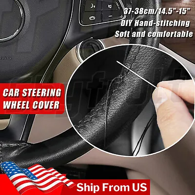 Black Genuine Leather Steering Wheel Cover Wrap Sew-on 38CM DIY Kit For All Car • $16.52