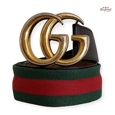 Auth Gucci Web Green/Red Canvas Brown Leather Gold Double G Buckle Belt 75/30 • $350