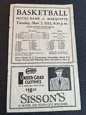 March 7 1933 Notre Dame Irish Vs. Marquette University BASKETBALL GAME Program • $19.95