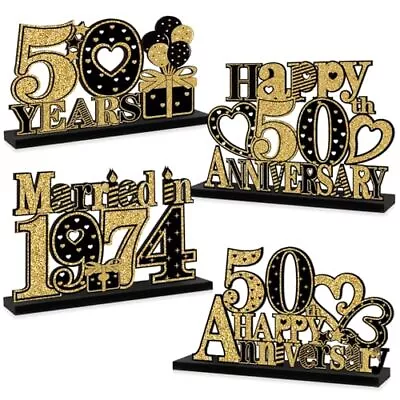 4 Pieces 50th Anniversary Decorations Married In 1974 Wooden Table Sign Black... • $26.52