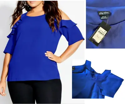 NWT City Chic Trendy Blue Stretch Crepe Ruffle Cold Shoulder Sleeve Top XXL 24 • $29.05