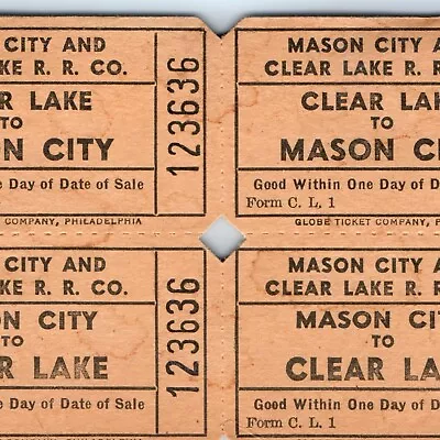 X4 SET C1920s Mason City & Clear Lake Railroad Ticket Stubs Train Globe Pass C48 • $12.25