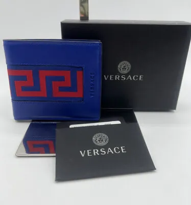 Versace Mens  La Greca  Signature Royal Blue Leather Bifold Wallet • $299.99