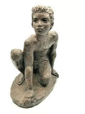 Vintage Bronze Resin Crouching Athlete Boy Sculpture - By KARIN JONZEN !! • $295