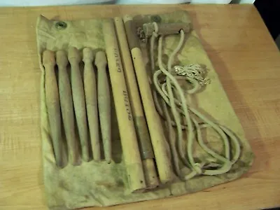 Ww2 U.s. Tent Poles 3 Piece Tent Pegs 5 Pole Pouch Rope W / Wood Controller. • $46.75