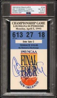 1993 Chris Webber Signed “timeout” Ticket 4/5 Ncaa Finals Fab 5/unc Psa 8 Auto 8 • $3500