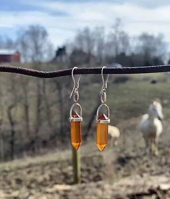 Vintage Sterling Silver Modern Minimalist Amber Drop Dangle Pierced Earrings • $25