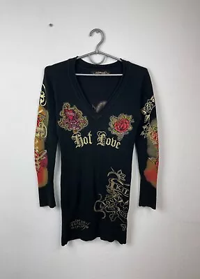 Vintage Women’s Ed Hardy Full Logo Print Crazy Midi Dress • $40