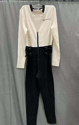 Bebe Black/Ivory Long Sleeve Moto Zip Front Jumpsuit W/Buckle Detail - Size L • $14.99