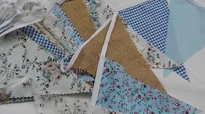 57 Metres Used Blue Floral Check Mix Shabby Chic Vintage Fabric Bunting • £40