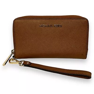 Michael Kors Jet Set Travel Large Zip Phone Wallet Wristlet Clutch Brown • $40.49