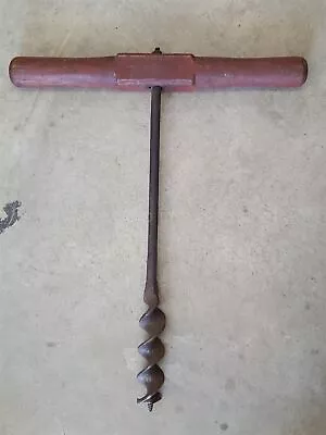 Antique HAND DRILL AUGER TOOL Orig Red Paint Stain SOUTHERN CHESTER COUNTY BARN • $87.95