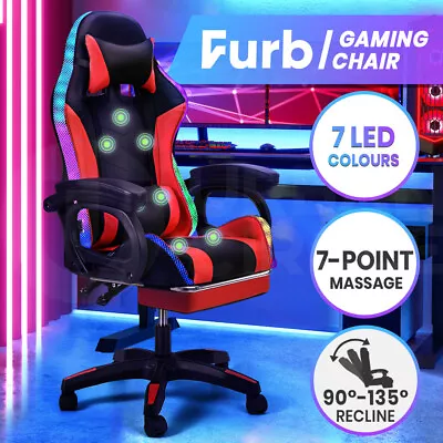 Furb LED Massage Gaming Chair RGB Racing Recliner Leather Office Chair Footrest • $179.95