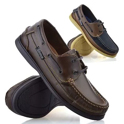 Mens Leather Boat Deck Lace Up Walking Casual Driving Moccasin Loafer Shoes Size • £24.98