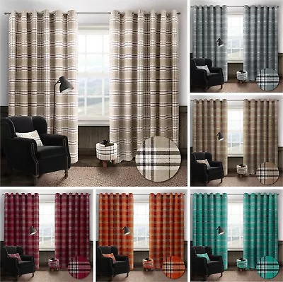 Thermal Tartan Check Ring Top Eyelet Curtains Ready Made Lined Width 66  / 90  • £44.95