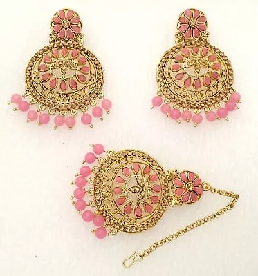 New Bridal Maang Tikka Earrings Set Bollywood Kundan CZ Gold Tone Indian Jewelry • $23.64