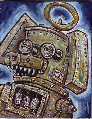  ROBOT DOG Retro Steampunk Art Painting 8x10 Wood New Original SIGNED Crowell  • $80