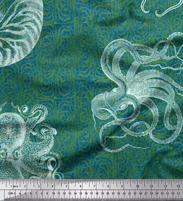 Soimoi Blue Cotton Poplin Fabric Animal Skin|Shell & Octopus Ocean-WNJ • $11.58