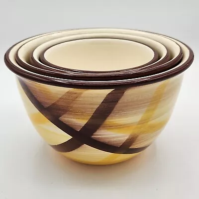 Vintage Vernonware ORGANDIE 4 Pc Mixing Nesting Bowls Brown Yellow MCM 5678  • $74.95