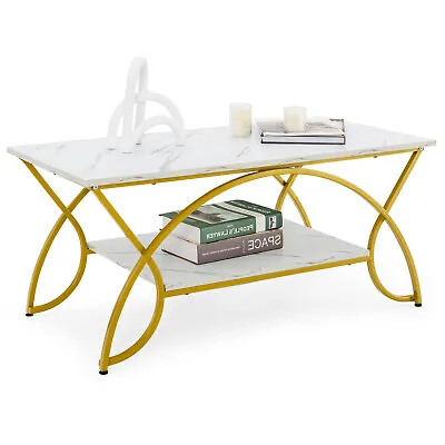 Coffee Table Modern Marble 2-Tier Coffee Table  Gold Rectangle For Living Room • $94.98