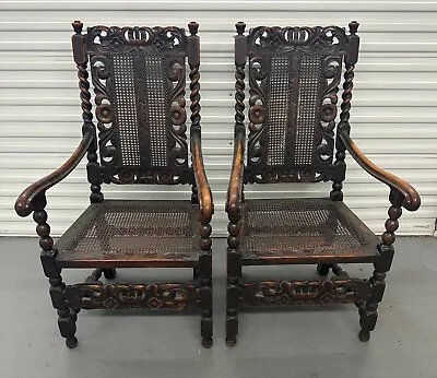 PAIR Antique 18th C Oak Carver Dining Room Arm Chairs Barley Twist Cane Seat • $800