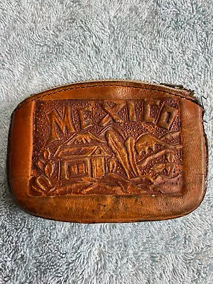 Vintage LEATHER TOOLED Change Coin Purse MEXICO Aztec Souvenir Eagle Rare • $15