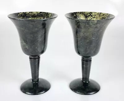 Vtg Asian Style Jade Sake Wine Goblet Glasses Spinach Green 3” Tall - Set Of 2 • $29.99
