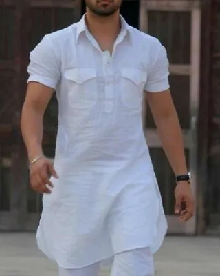 Solid Indian Clothing Fashion Shirt Men's Short Kurta Cotton India Dress Kurta • £29.58