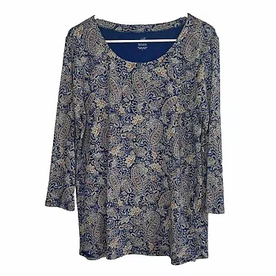 J. Jill Pima Cotton Blue Paisley 3/4 Sleeve T Shirt Top Scoop Neck Large E17 • $20