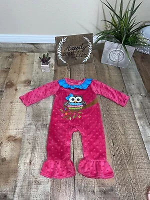 Mud Pie Pink Minky Owl Romper Ruffled Hem And Neckline Size 0-6 M • $24.99