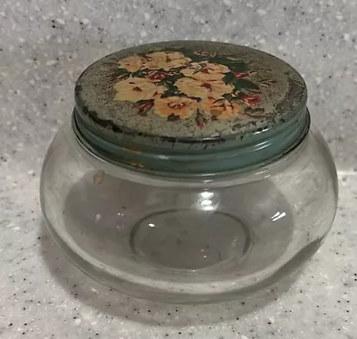 Vintage Clear Glass Squat  3” Jar~Decorative Floral Metal Lid~Shabby Chic Decor • $7.99